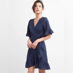 GAP Blue 100% Linen, Ruffled Flutter Sleeve Wrap Sundress Mini